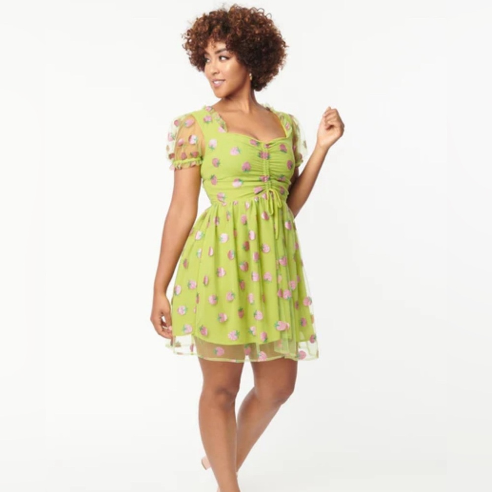 Smak Parlour Avocado & Pink Strawberry Print Woodstock Flare Dress